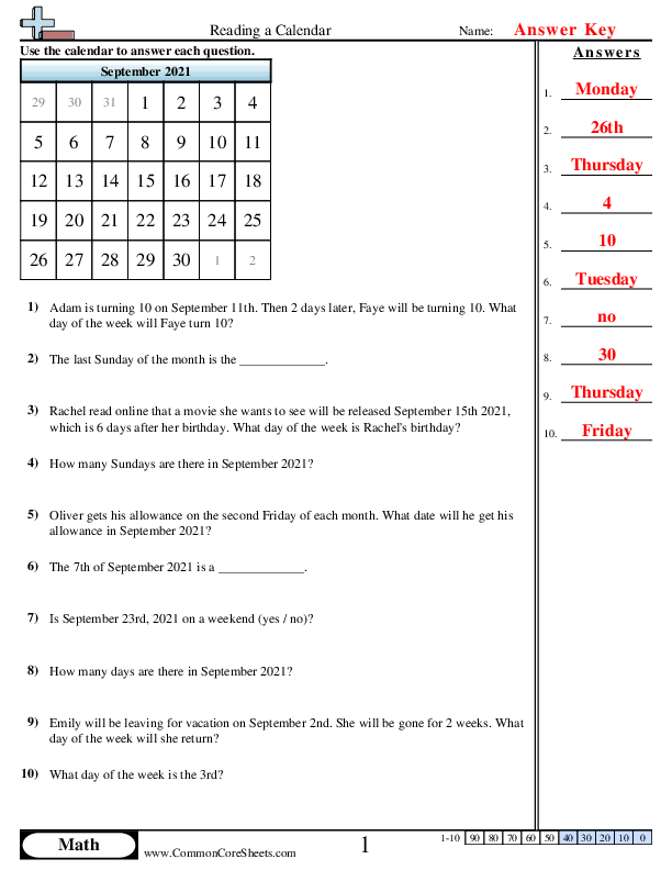  - reading-a-calender worksheet